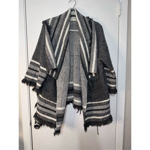 Anthropologie Saturday Sunday Grey Striped Fringe Cardigan Shawl - ONE SIZE